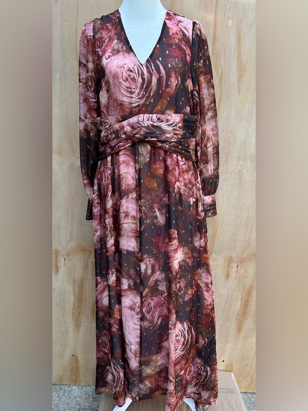 Soft Surroundings Pink and Brown Rose-Print Long Maxi Dress